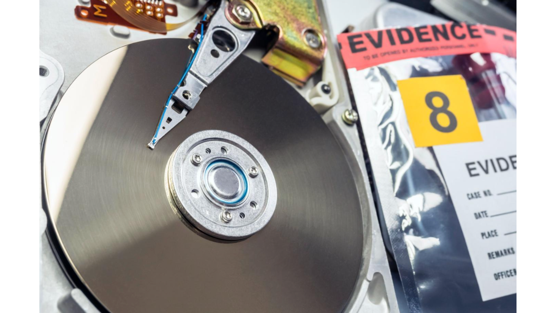 A hard drive removed from computer and stored as evidence.